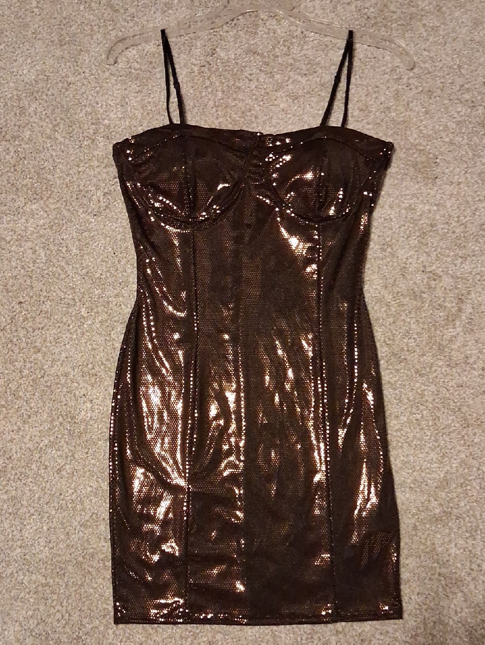 Brown Metallic Sequin Mini Slip Dress with Spaghetti Straps